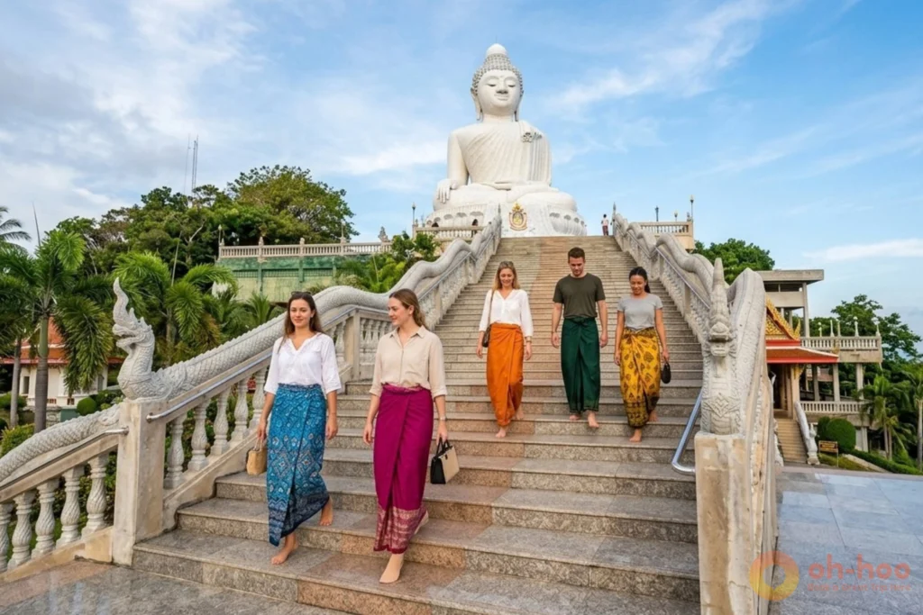 Visitors wearing sarongs walking up the steps towards the Big Buddha terrace in Phuket