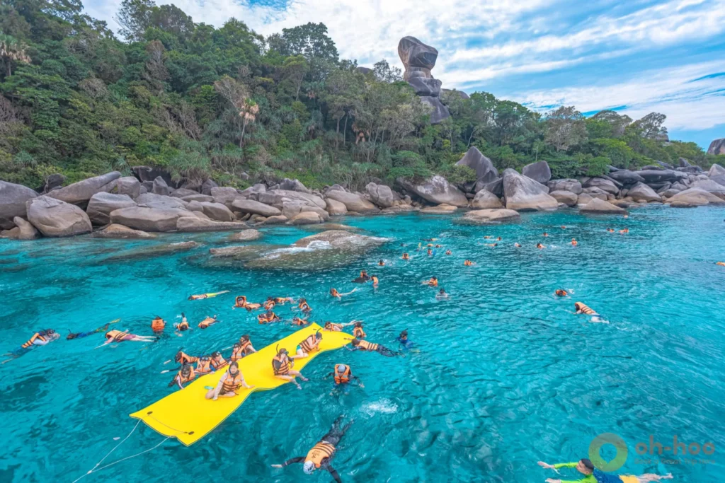 Snorkellers in life jackets floating above coral in clear water at the Similan Islands