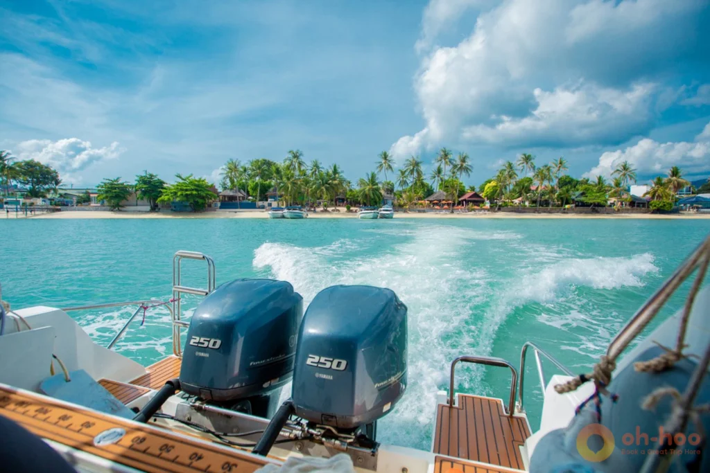 Speedboat anchored off the headquarters beach on Ko Wua Talap in Ang Thong Marine Park