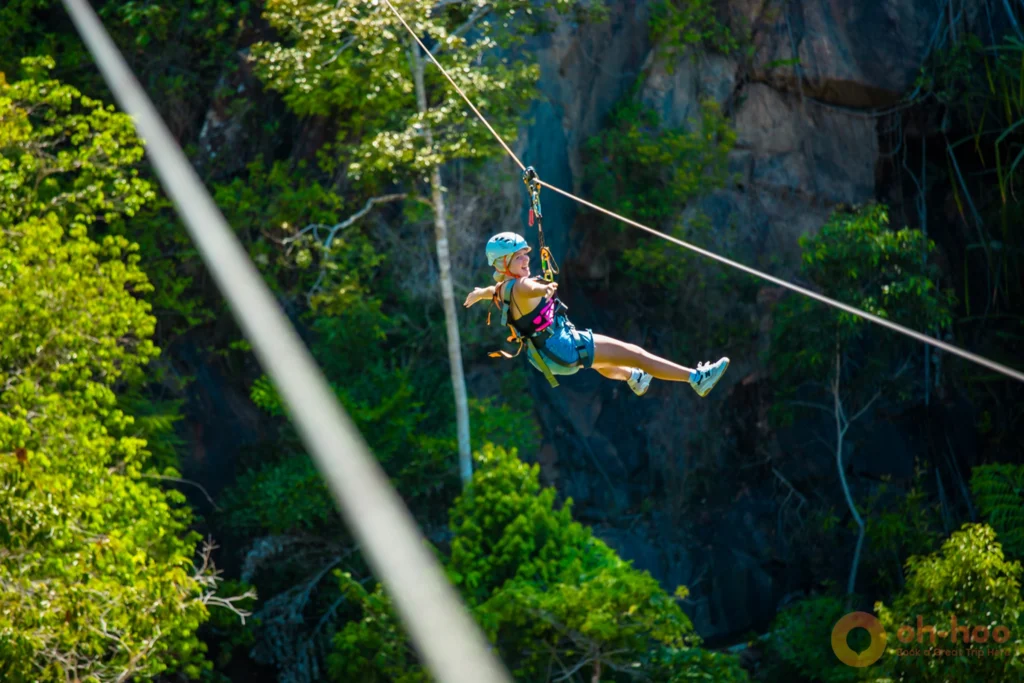 Zipline platform above the tree canopy overlooking Wang Sai Waterfall on Koh Phangan