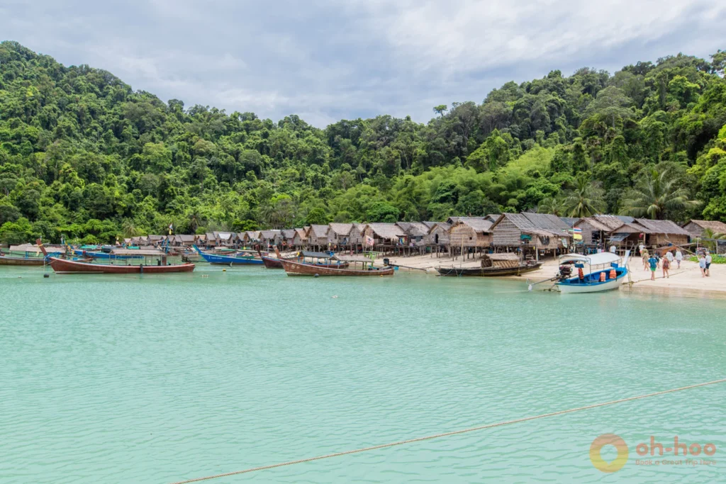 Boats moored in a sheltered bay at the Surin Islands