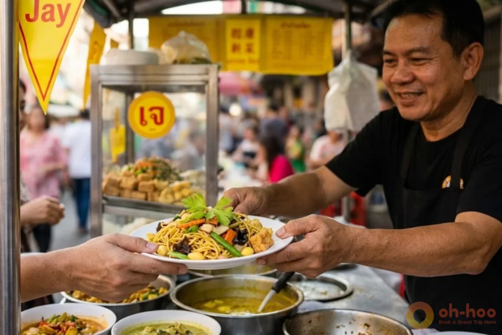 Street stall with a yellow Jay flag serving vegetarian noodles during the Phuket Vegetarian Festival