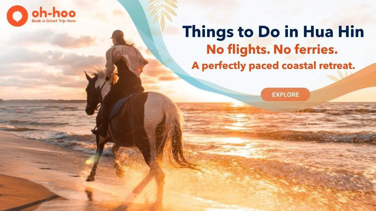 A person rides a horse along the sandy coastline at sunset, illustrating things to do in Hua Hin.