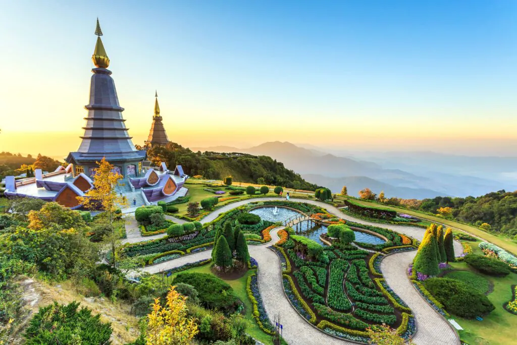Twin Royal Pagodas surrounded by landscaped flower gardens on Doi Inthanon mountain