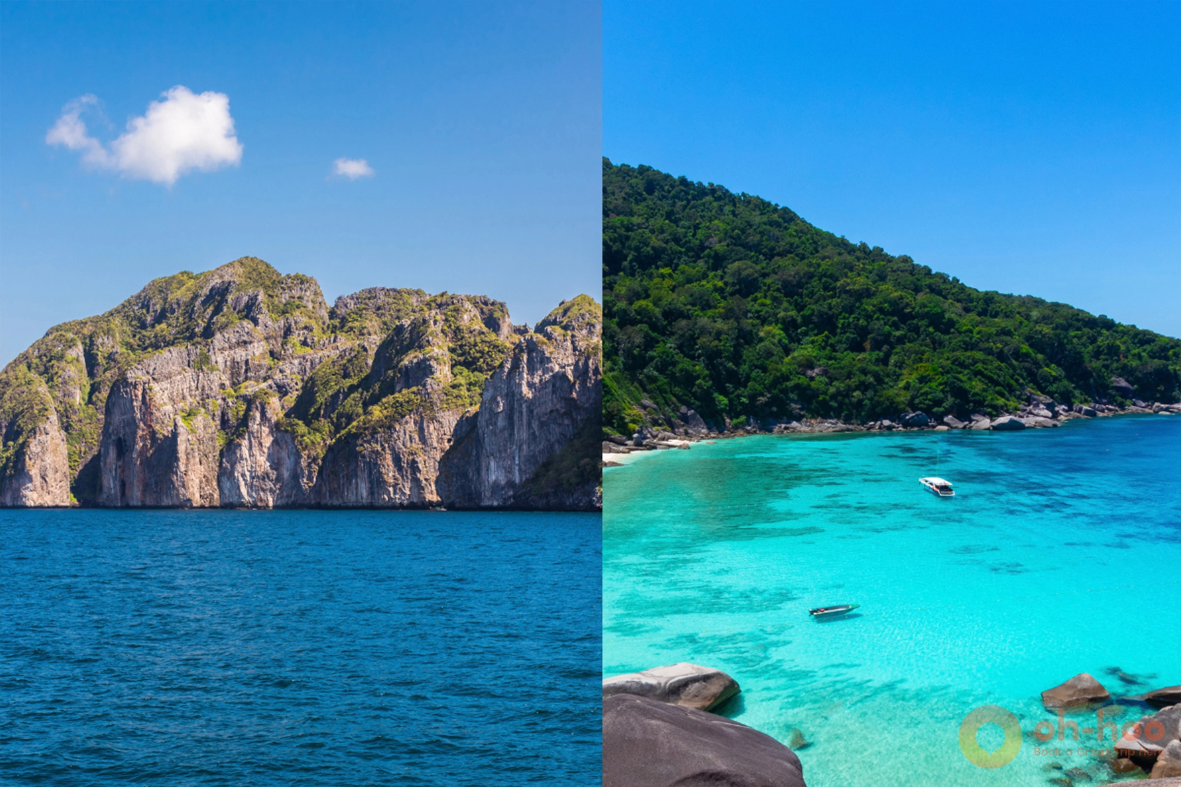 Aerial view comparing turquoise waters at Coral Island Phuket and towering limestone cliffs at Phi Phi Islands