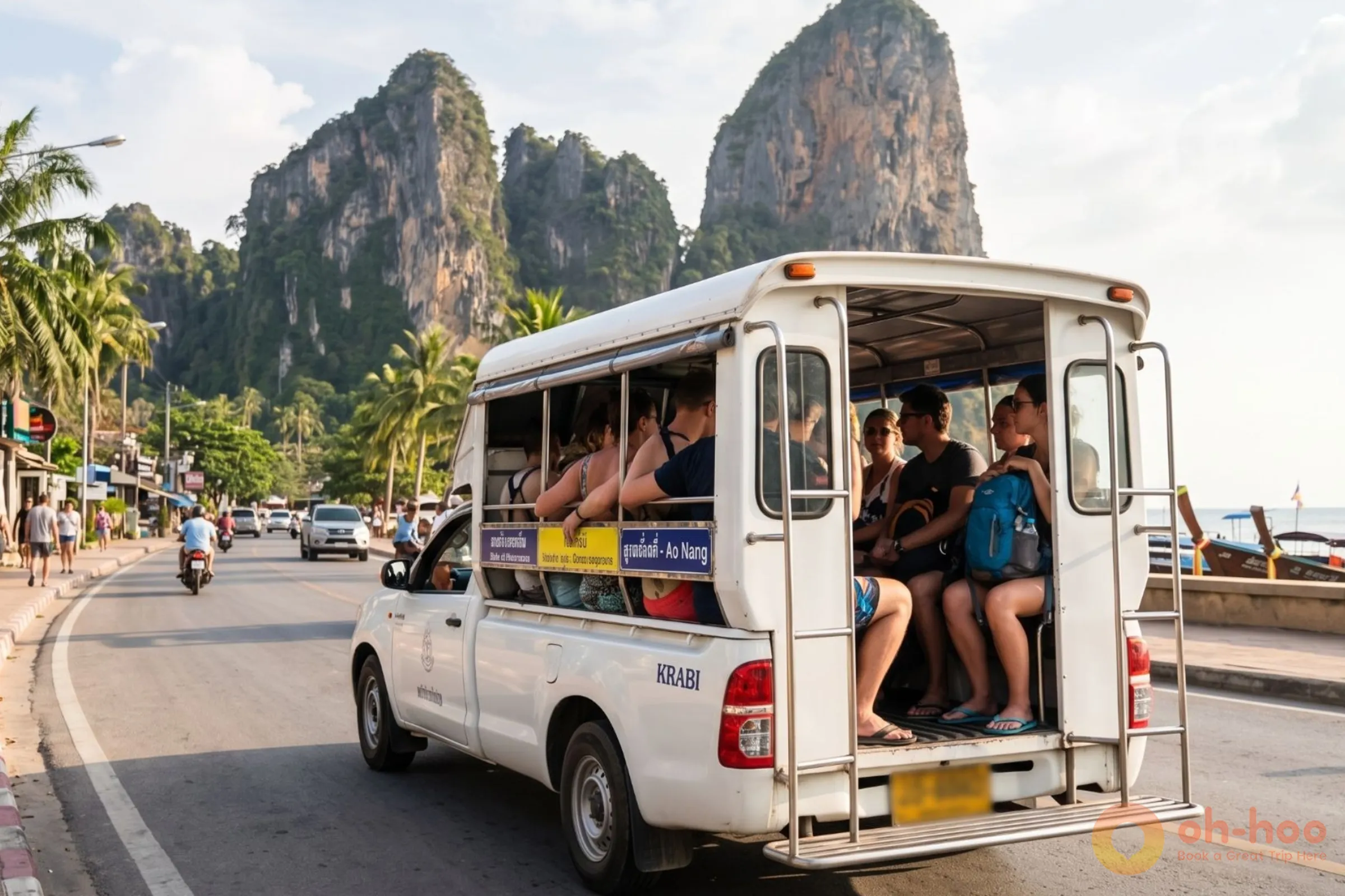 White shared songthaew bus carrying passengers along the coastal road in Ao Nang Krabi