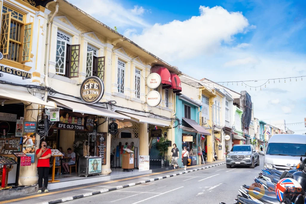 Colorful Sino-Portuguese shopfronts and covered walkways along Thalang Road in Phuket Old Town